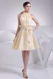 Champagne Cute Fit And Flare Ruffled Short Dress With Bow