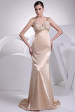 Champagne V-neck Mermaid Beaded Evening Dress