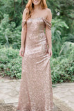 Champagne Backless Off Shoulder Sequined Prom Dress