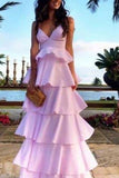 Pink V-neck Ruffled Evening Dress Formal Gown