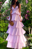 Pink V-neck Ruffled Evening Dress Formal Gown