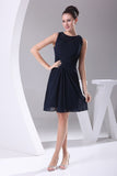 Dark Navy A-line Chiffon Short Bridesmaid Graduation Dress