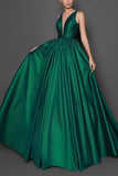 Dark Green Deep V-neck Sleeveless Evening Gown