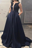 Dark Navy A-Line Deep V-neck Sequined Prom Dress