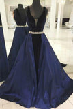 Dark Navy Velvet Backless A-line V-neck Prom Dress