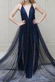 Dark Navy Deep V-neck Two Slits Prom Dress