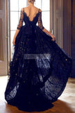 Dark Navy High Low Off The Shoulder Lace Prom Dress