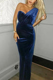 Dark Navy Velvet One Shoulder Mermaid Prom Dress