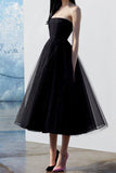 Elegant Black Strapless Tulle A-Line Cocktail Party Dress