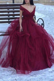 Elegant Burgundy Off-the-Shoulder V-neck Tulle Ball Gown