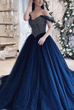 Dark Navy Off-the-shoulder Beaded Formal Gown