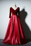 Burgundy Velvet V-neck Long Sleeves Prom Gown