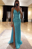 Blue V-neck High Slit Sequined Sparkly Prom Dress