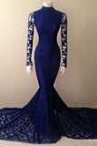 Navy Blue Mermaid Lace Long Sleeves Prom Evening Dress