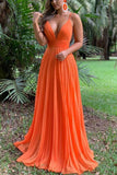 Orange Sexy Backless Pleated Chiffon Prom Dress