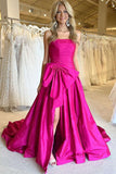 Chic Fuchsia Strapless High Slit Bow Evening Dress