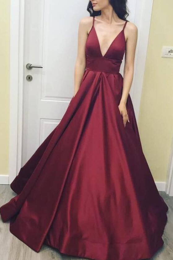 Burgundy Deep V-neck Spaghetti Straps A Line Evening Dress
