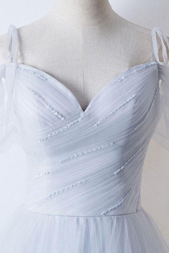 Full Length Light Sky Blue Tulle Off Shoulder Prom Gown Formal Dress