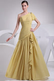 Gold Ruffled One Shoulder Floor Length Prom Dress