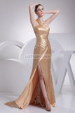 Gold One Shoulder Thigh High Slit Prom Dress