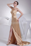 Gold One Shoulder Thigh High Slit Prom Dress