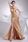 Gold One-shoulder Thigh-high Slit Prom Dress