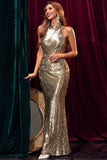 Gold Sequined Halter Backless Sparkly Evening Prom Dress