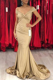 Gold Off The Shoulder Ruffled Backless Long Mermaid Evening Prom Dress Dresses