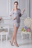 Gray Short Bodycon Prom Dress With Long Sleeves