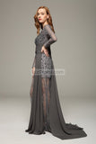 Gray V-neck Beaded Lace Prom Wedding Dress With Long Sleeves