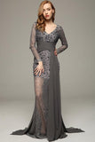 Gray V-neck Beaded Lace Long Sleeves Prom Dress