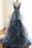 Gray Applique V-neck Ruffled Wedding Dress Formal Gown