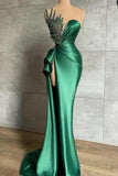 Sexy Emerald Green High Slit One-shoulder Beaded Evening Dress