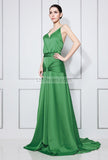 Green V-neck Spaghetti Strap Ruffled Long Prom Dress