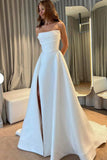 Ivory Strapless High Slit Satin Evening Gown Formal Dress