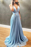 Light Sky Blue Cut Out Deep V-neck Pleated Evening Dress