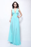 Light Sky Blue Sexy Deep V-neck Two Slits Prom Dress