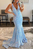 Backless Light Sky Blue Sequined Plunging Mermaid Formal Dress