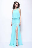 Light Sky Blue Thigh-high Slit Sleveless Prom Evening Dress