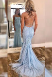 Light Sky Blue Applique Mermaid Spaghetti Straps Wedding Dress