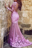 Lilac Mermaid Applique Lace Long Sleeves Prom Dress