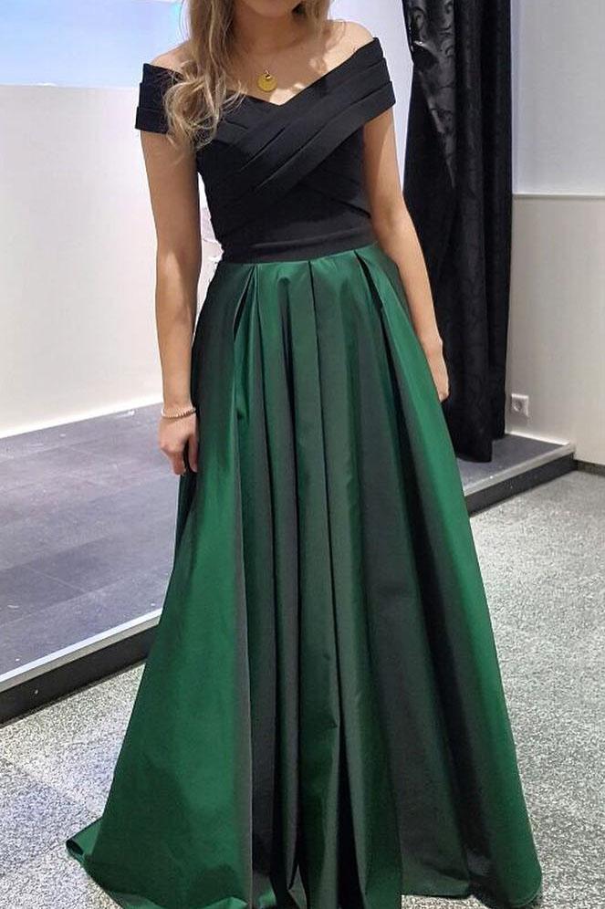 Long Black And Dark Green Two Tones Off-the-Shoulder Evening Formal Dresses