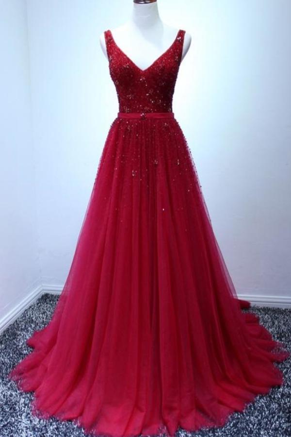 Long Red Beaded V-Neck Tulle A-Line Prom Gown Evening Dress