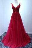 Red Beaded V-Neck A-Line Prom Gown Evening Dress
