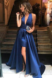 Halter Deep V-neck Backless High Low Navy Blue Prom Dress
