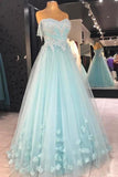 Mint Tulle Off-the-shoulder Applique A-Line Prom Dress