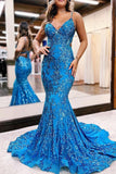 Peacock Blue V-neck Mermaid Applique Lace Evening Dress