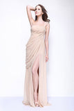 Champagne One Shoulder Thigh-high Slit Ruffled Bridesmaid Dress