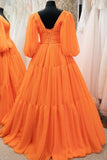 Orange Lace-up Long Sleeves V-neck Formal Gown