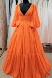 Orange Lace-up Long Sleeves V-neck Formal Gown